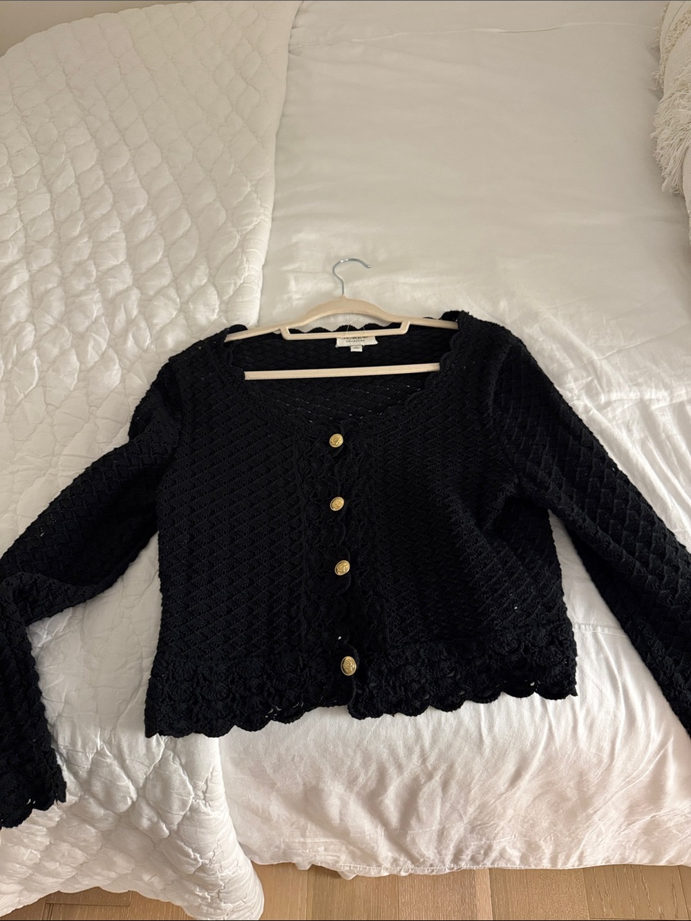 J. Crew Black Crochet Knit Button-Front Cardigan with Gold Buttons